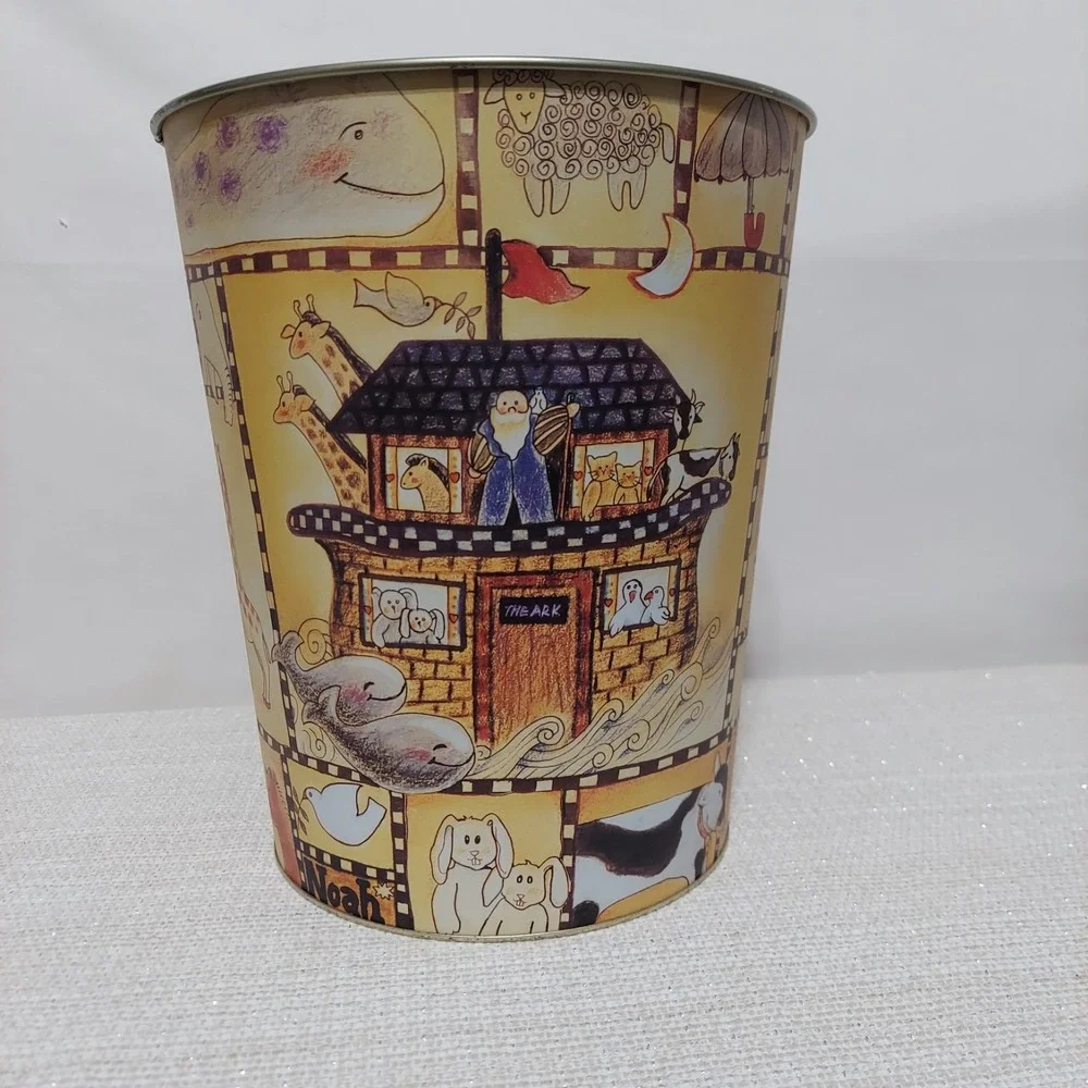 Vintage 1996 Noahs Ark & Animals Metal Trash‎ Can Waste Basket Giraffe Elephant